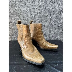 Ganni Crocodile Embossed Pull On Western Ankle Boots Beige Womens Size 39 EU